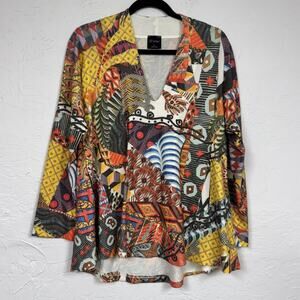 Inoah Multicolor Print Long Sleeve V Neck Sweater Womens S Lagenlook Artsy